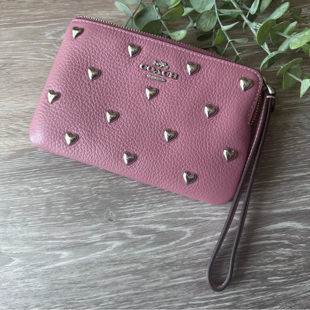 Coach Pink Heart-Studded Leather Wristlet